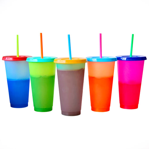 Color Changing Cold Drink Cups: 24oz Blank Cold Cups - 5 Reusable Cups, Lids and Straws - Summer Coffee Tumblers - Summer Cups, Set of 5