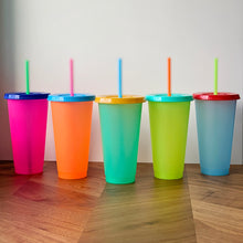 Load image into Gallery viewer, Color Changing Cold Drink Cups: 24oz Blank Cold Cups - 5 Reusable Cups, Lids and Straws - Summer Coffee Tumblers - Summer Cups, Set of 5