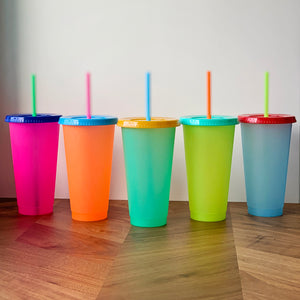 Color Changing Cold Drink Cups: 24oz Blank Cold Cups - 5 Reusable Cups, Lids and Straws - Summer Coffee Tumblers - Summer Cups, Set of 5