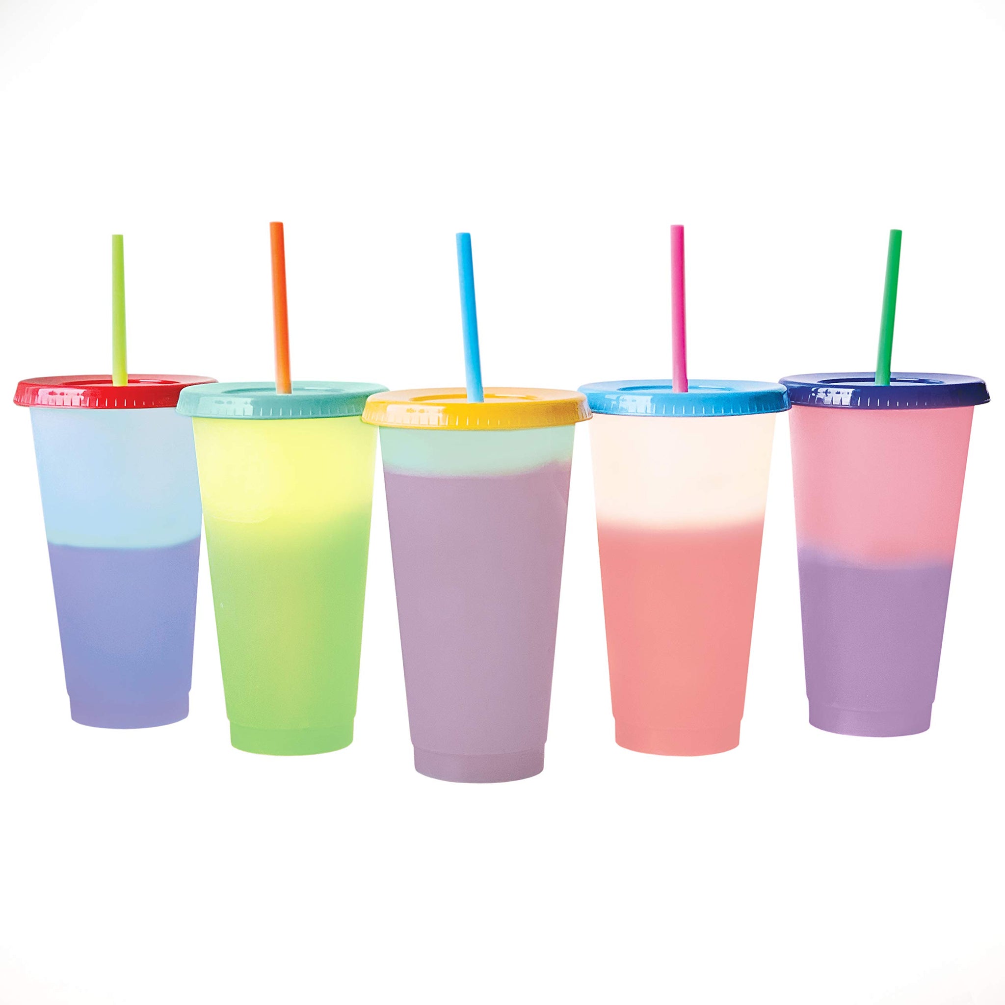 5 Pcs Reusable Plastic Cups with Straw and Lids - 24oz Durable